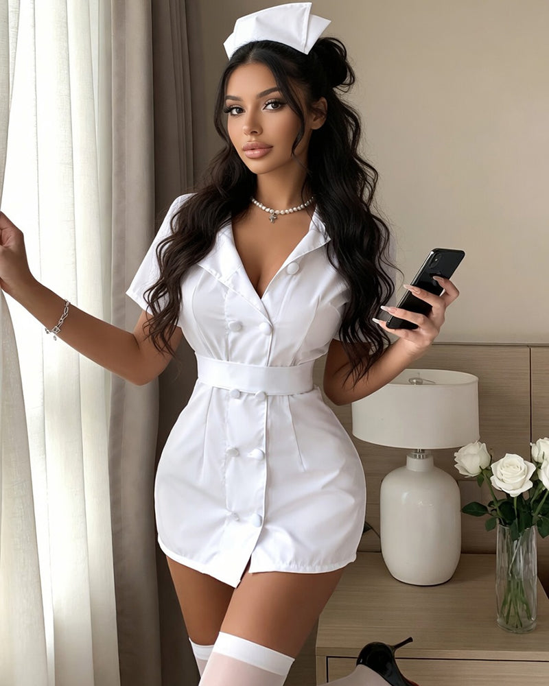 White nurse costume dress with matching hat, belt sash, and thigh-high stockings