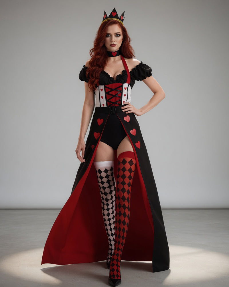 Queen of Hearts costume set with black corset bodysuit, heart print skirt, crown headpiece