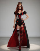 Queen of Hearts costume set with black corset bodysuit, heart print skirt, crown headpiece