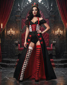Black and red costume set: corset bodysuit with heart decor, harlequin stockings, crown
