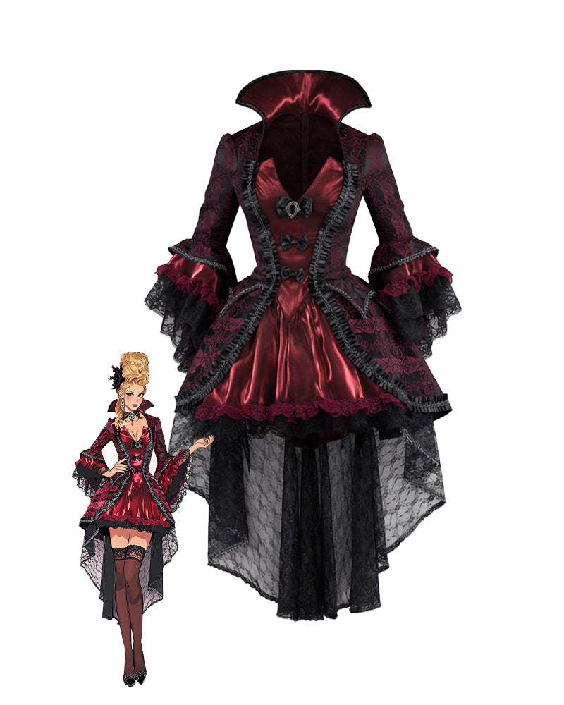 Dark red gothic corset maxi dress, back view, stand collar, ruffled black lace skirt hem