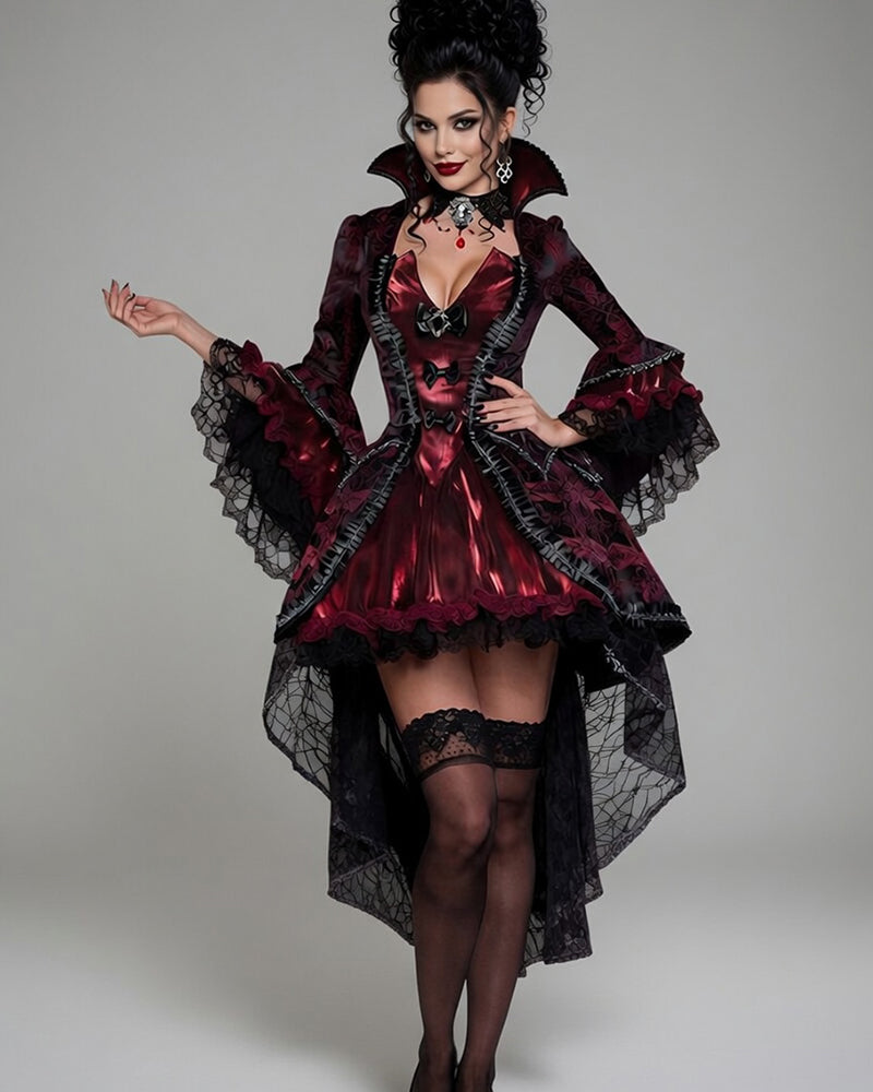 Dark red gothic corset maxi dress with stand collar, black lace sleeves, layered ruffle hem