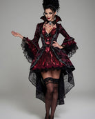 Dark red gothic vampire corset dress with stand collar, lace cuffs, flared mini skirt