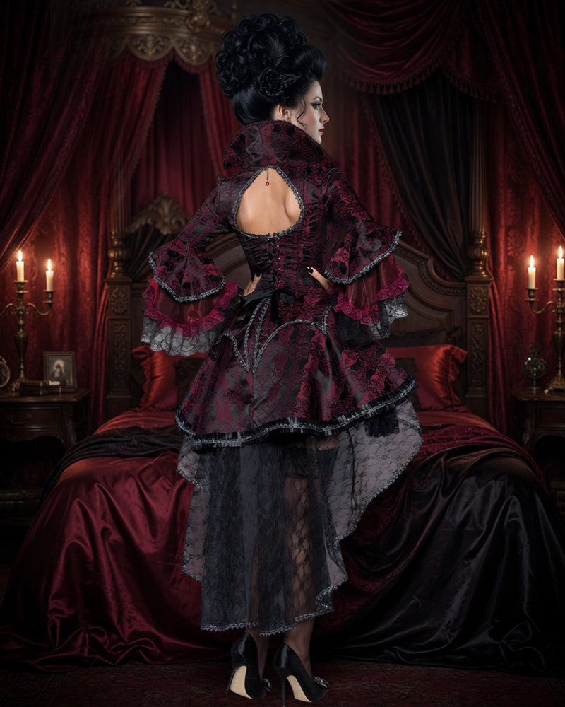 Dark red gothic corset maxi dress with open back, black lace shoulder straps, layered skirt