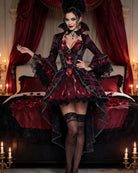Front dark red gothic corset dress with stand collar, sheer lace panels, layered hem