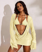 Lake green sheer cover-up with draped front over triangle bikini