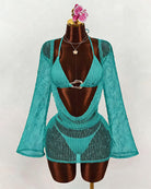 Lake green sheer crochet bikini set with long-sleeve cover-up on a mannequin
