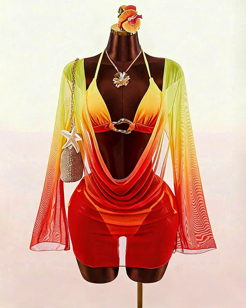 Rainbow sheer crochet cover up with long sleeves over triangle bikini set