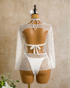 White sheer crochet bikini set with long-sleeve cover-up, back view