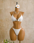 White sheer crochet bikini set with triangle top and thong-style bottom