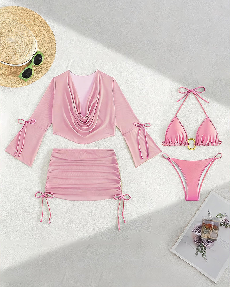 Pink bikini set pieces: long-sleeve cover-up, ruched skirt, triangle bikini top
