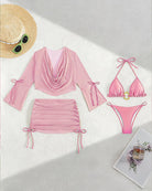 Pink bikini set pieces: long-sleeve cover-up, ruched skirt, triangle bikini top