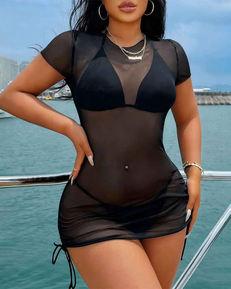 Black sheer mesh mini cover-up dress, V-front bodice and ruched drawstring hem sides