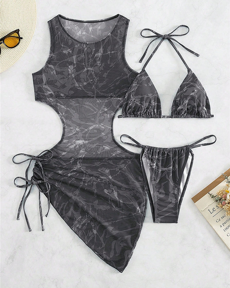 Sheer mesh camo cover-up dress set with bikini top and matching brief, black.