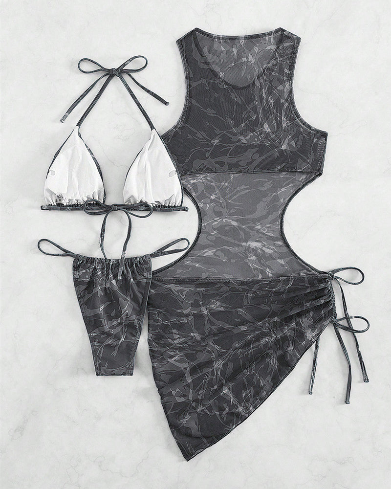Sheer mesh camo cover-up dress with black ties, paired with white bikini set.