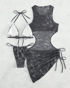 Camo sheer mesh cover-up dress set in dark camo, with white triangle bikini and tie bottoms
