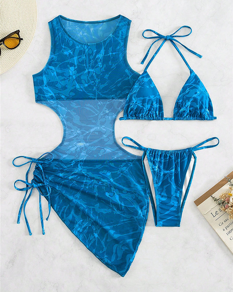 Sheer mesh camo cover-up dress set with bikini top and matching brief, blue.