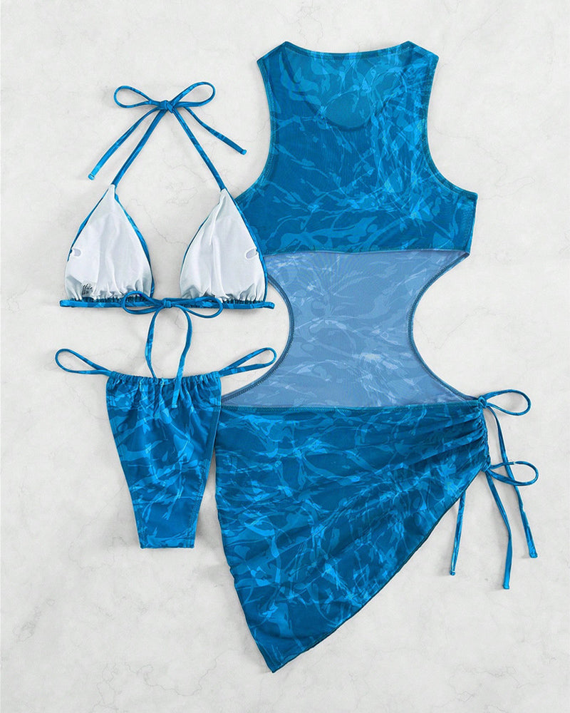 Sheer mesh camo cover-up dress with blue ties, paired with white bikini set.