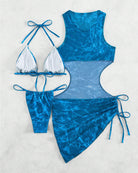 Camo sheer mesh cover-up dress set in blue camo, with white triangle bikini and tie bottoms