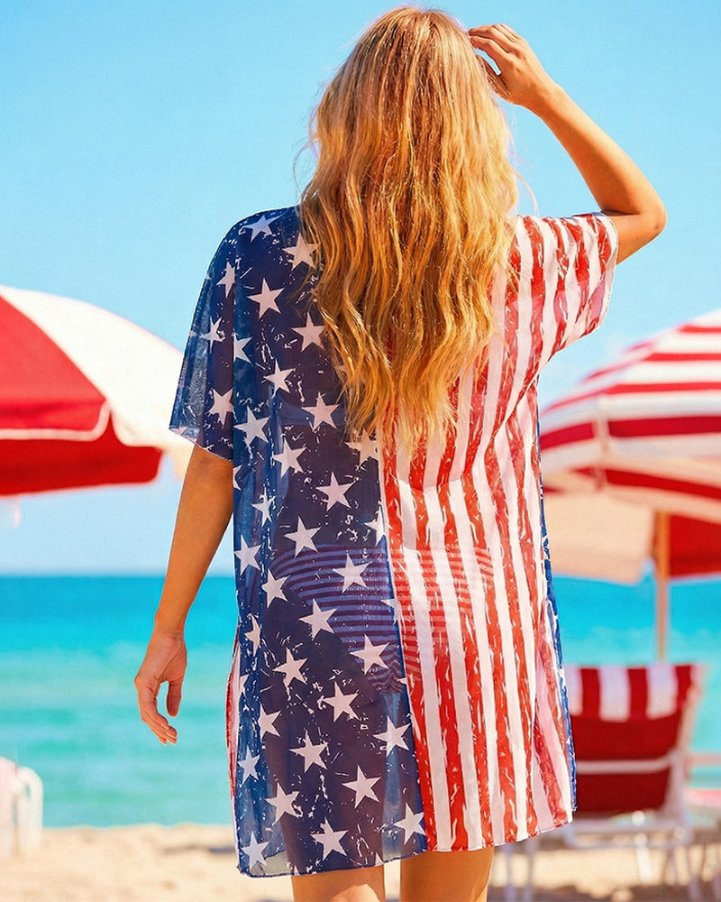 Sheer stars-and-stripes cover-up with open-back drape over bikini bottoms