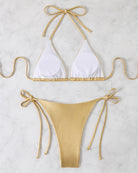 Gold shiny metallic bikini set with white triangle halter top and side-tie thong bottoms