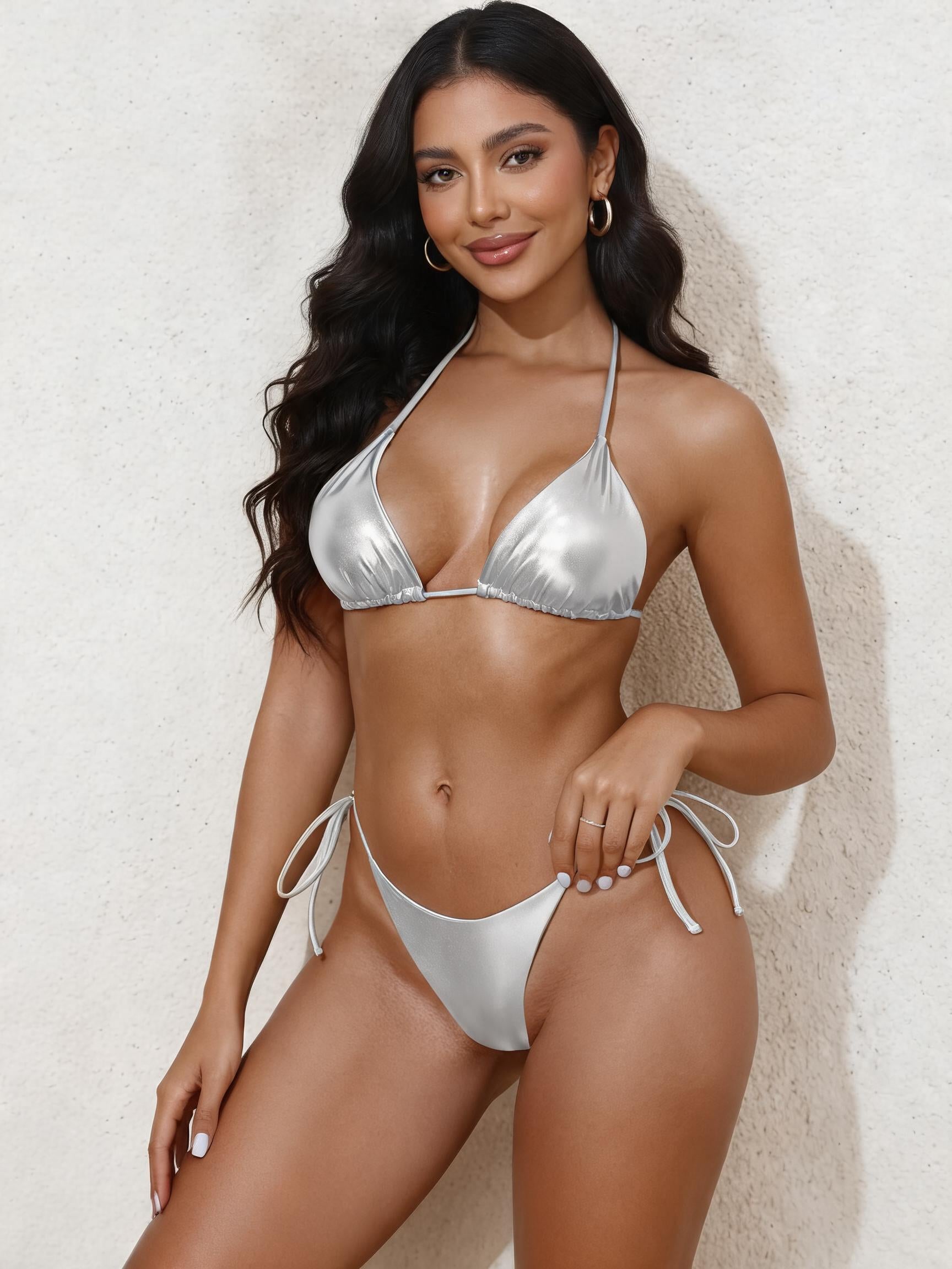 Silver shiny triangle halter bikini top with side-tie thong bikini bottom set