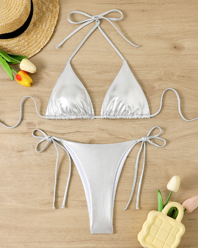 Light silver shiny triangle halter bikini top and side-tie thong bikini bottom set