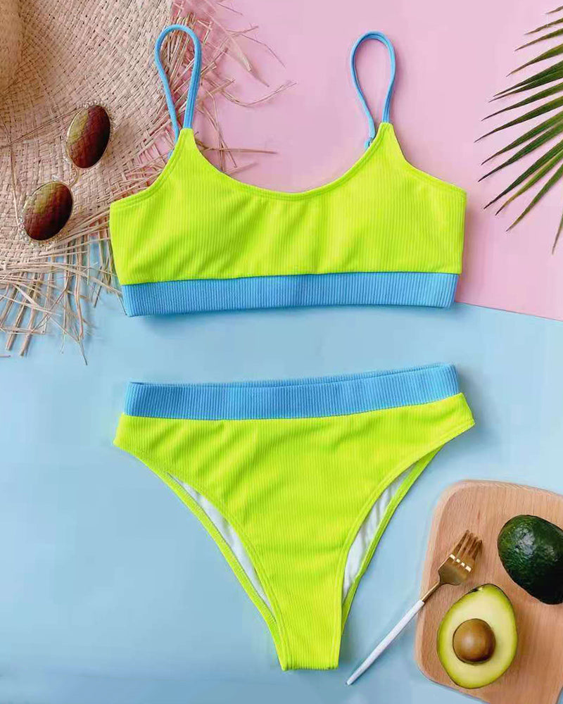 Ribbed crop bikini set, neon green two-piece with blue trim (top and high-waist bottoms)