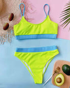 Neon green ribbed crop bikini set with blue trim, matching high-waist bikini bottoms