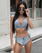 Light blue denim V-neck crop bralette with plunging neckline and curved hem