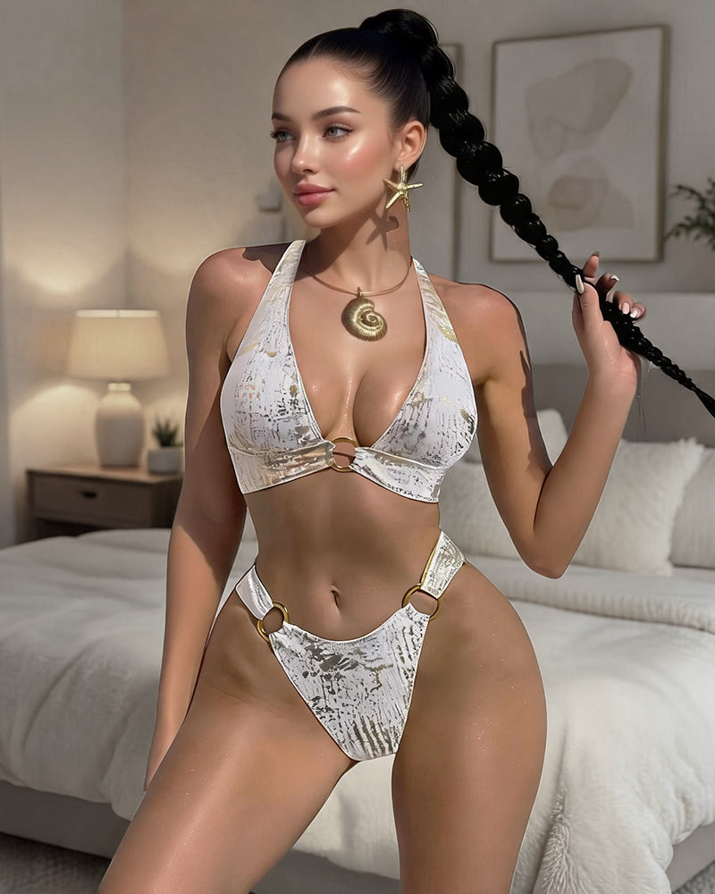 Metallic gold foil bikini set with removable pads, white triangle bra and matching high-cut bottoms