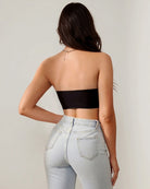 Back view of a black strapless bandeau bra