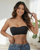 Strapless side hook bandeau bra, black seamless padded tube style
