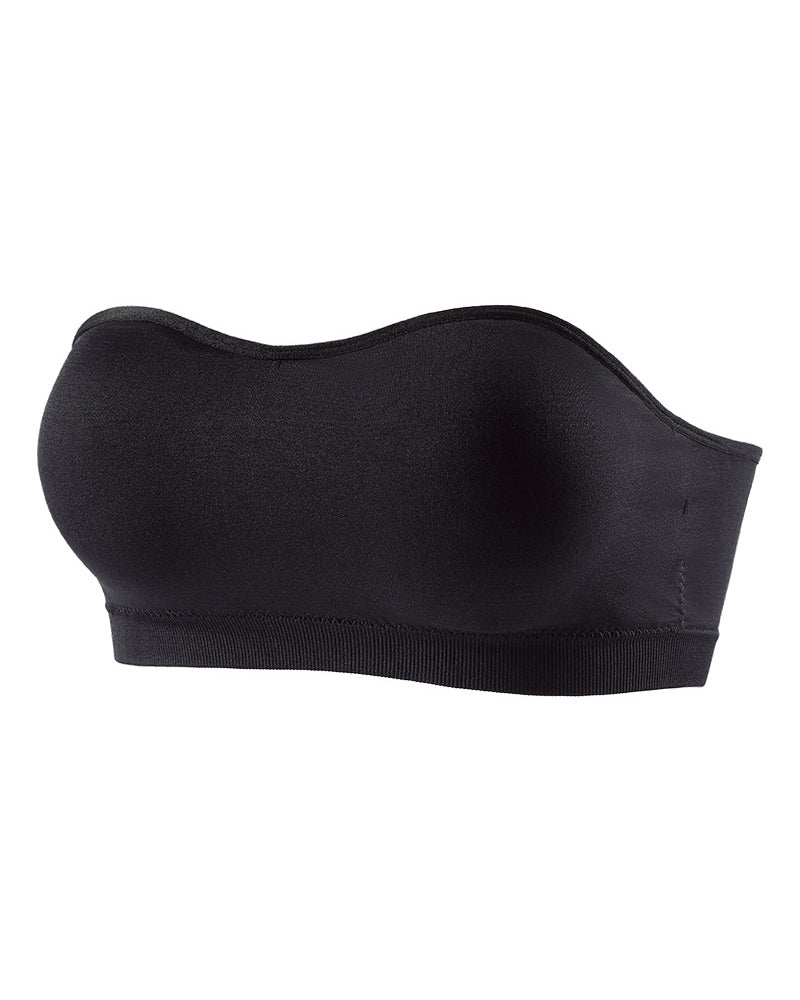 Strapless bandeau bra, black smooth side view with wide ribbed underband