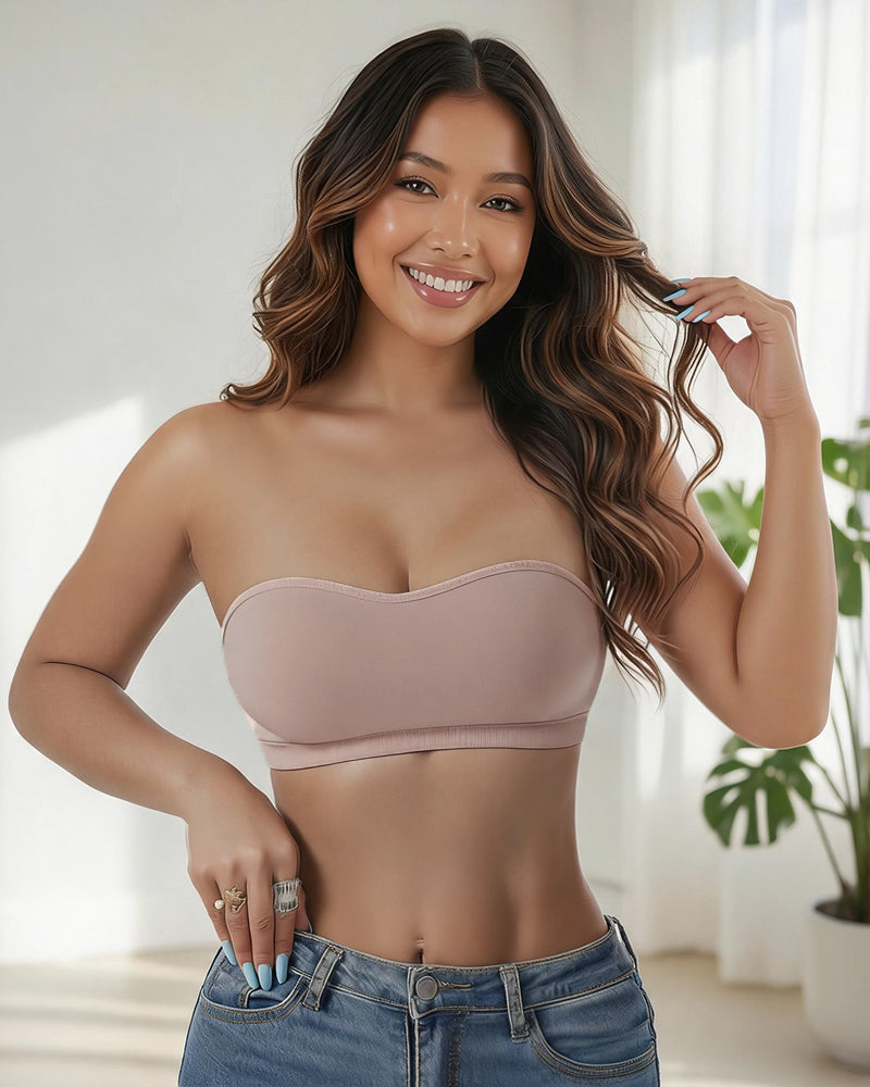 Strapless side hook bandeau bra, taupe seamless padded tube style