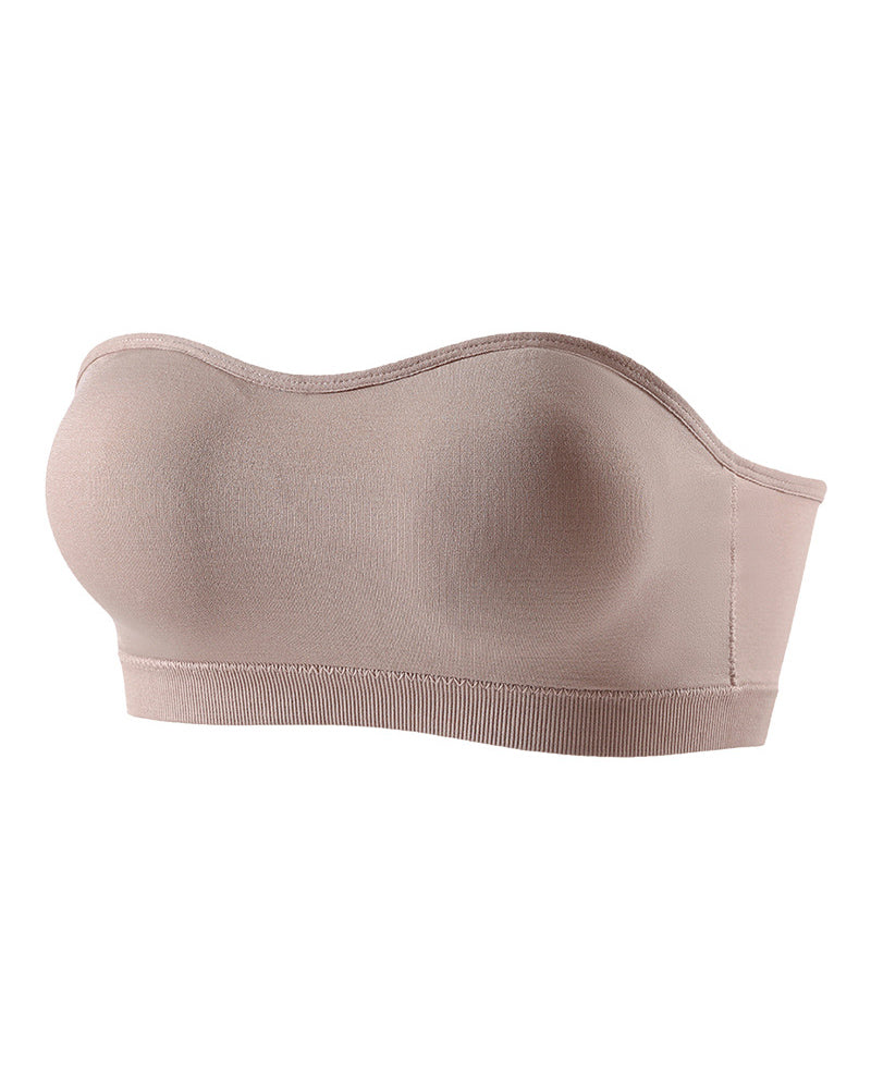 Strapless bandeau bra, taupe smooth side view with wide ribbed underband