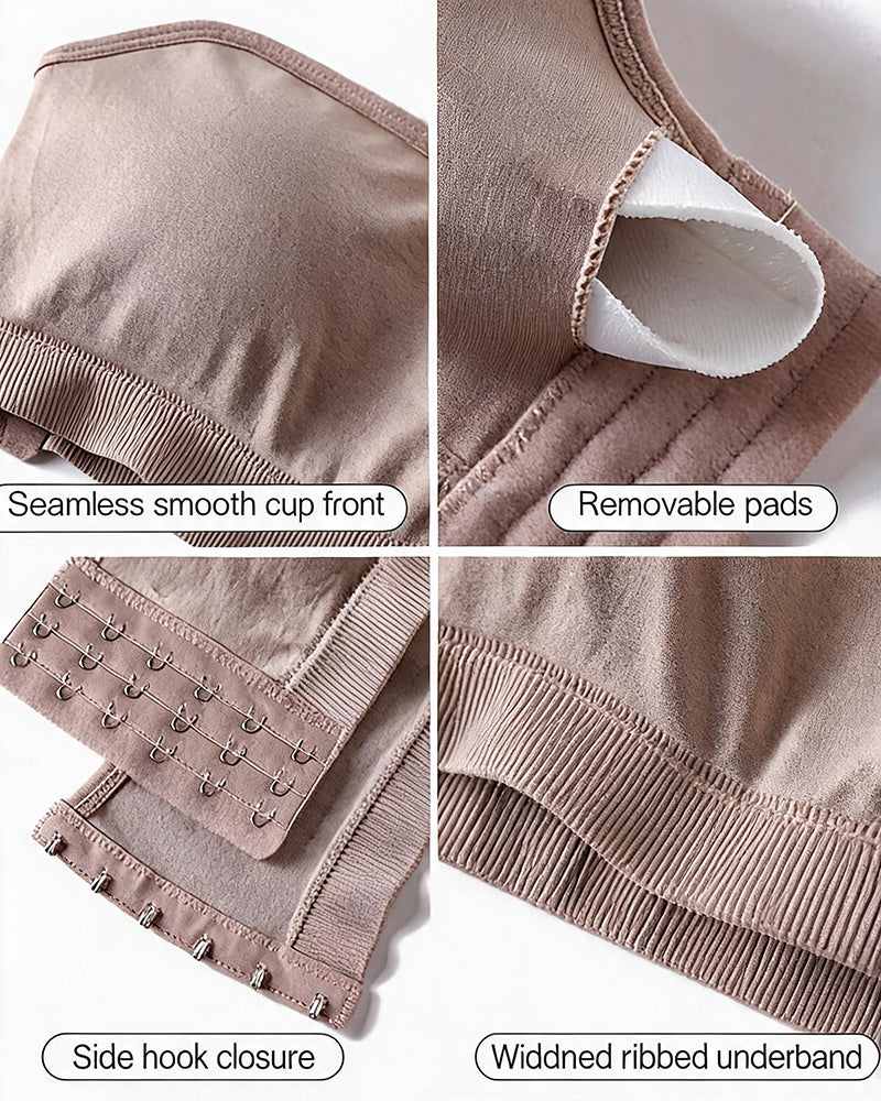 Strapless bandeau bra, taupe seamless cup with side hook closure and wide ribbed band