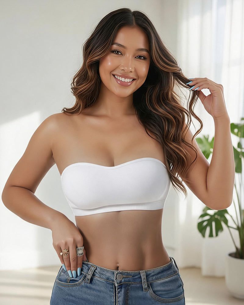 Strapless side hook bandeau bra, white seamless padded tube style