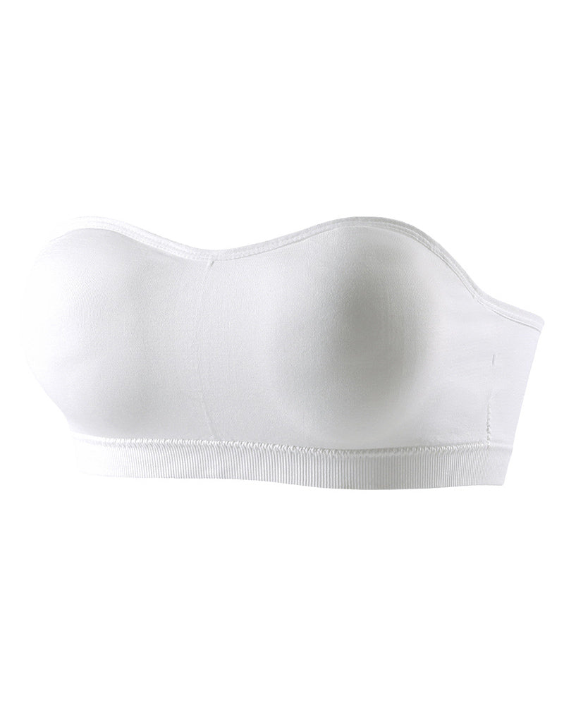 Strapless bandeau bra, white smooth side view with wide ribbed underband