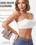 Strapless side hook bandeau bra, white with side closure detail on the band
