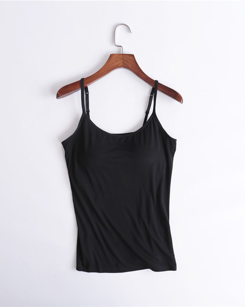 Built-in bra spaghetti strap tank top, black with thin straps