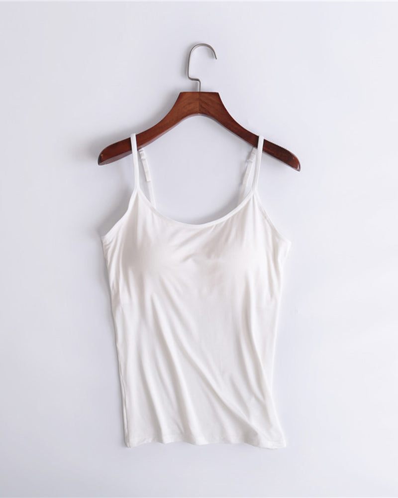 Built-in bra spaghetti strap tank top, white with thin straps