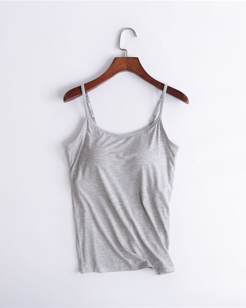 Built-in bra spaghetti strap tank top, grey with thin straps