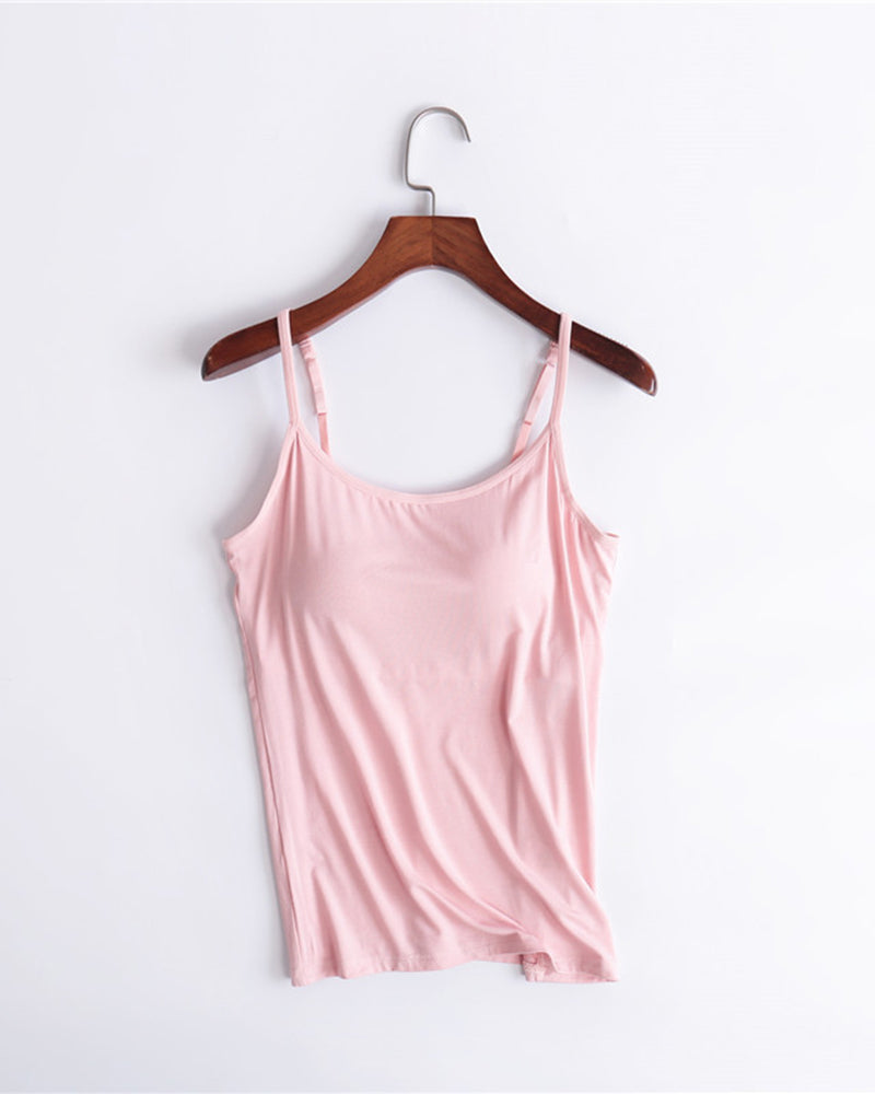 Built-in bra spaghetti strap tank top, pale pink with thin straps