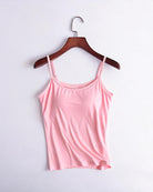 Built-in bra spaghetti strap tank top, pink with thin straps