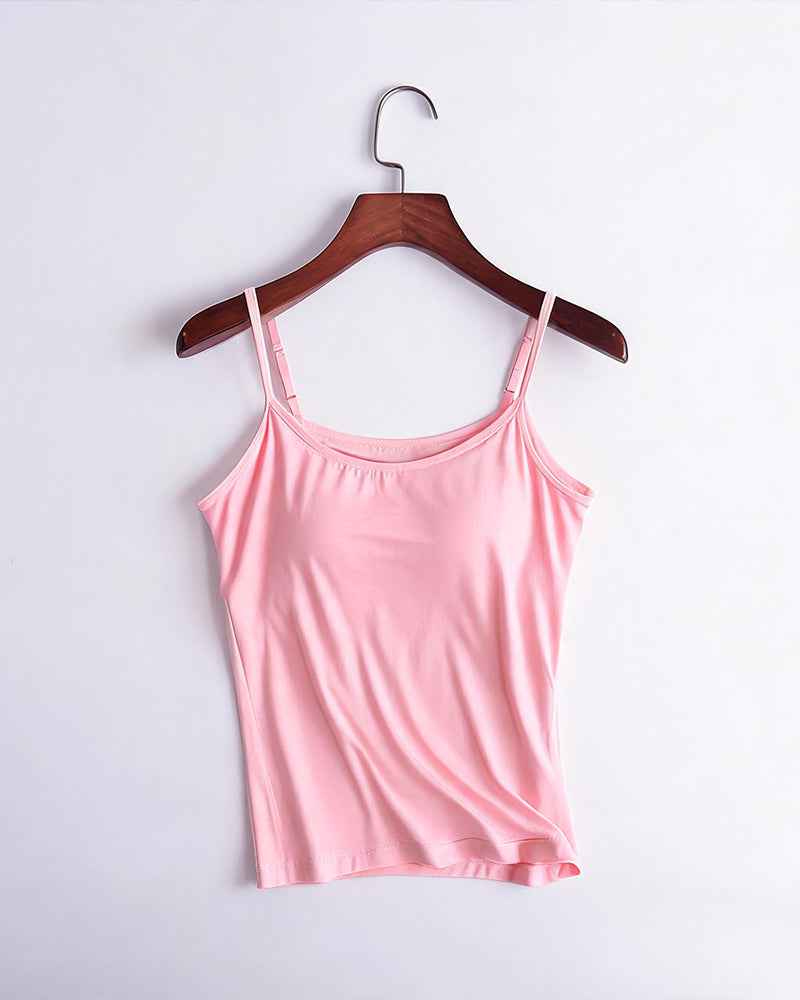 Built-in bra spaghetti strap tank top, pink with thin straps