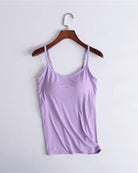 Built-in bra spaghetti strap tank top, purple with thin straps