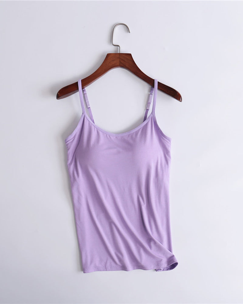 Built-in bra spaghetti strap tank top, purple with thin straps