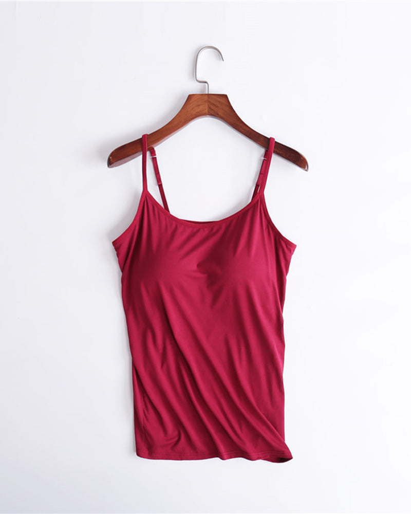 Built-in bra spaghetti strap tank top, wine red with thin straps