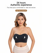 Strapless bandeau bra with removable pads in black on model